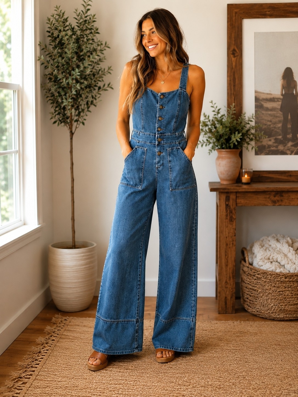 Aerie Denim Wide Leg Jumpsuit Small Button Front Utility Pocket Overalls - Picture 2 of 15